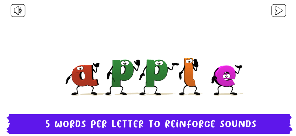 ABC Dance - 幼児にフォニックスを教えるために、「apple」という単語を綴るアニメーションの踊る文字。