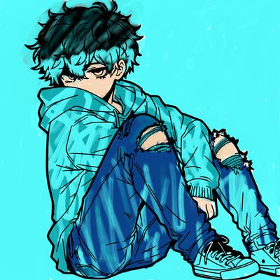 a male hoddie ripped jeans messy hair anime