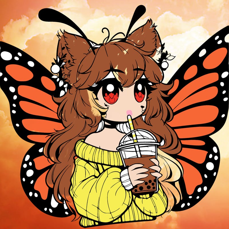 a realistic butterfly/furry girl drinking boba