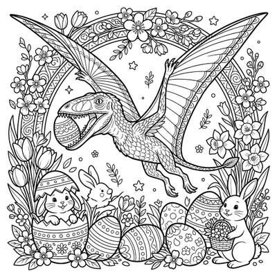Dive into a prehistoric Easter with this engaging Dimorphodon coloring page! Featuring a flying pterosaur alongside playful bunnies, vibrant eggs, and blooming spring flowers, it's a unique blend of ancient and festive fun.
