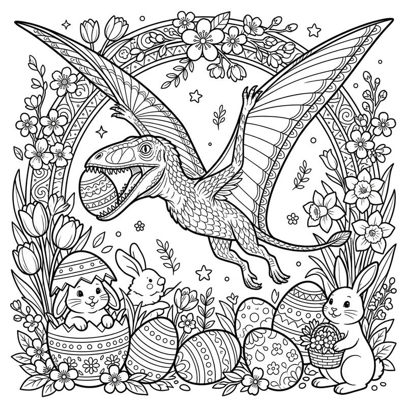Dive into a prehistoric Easter with this engaging Dimorphodon coloring page! Featuring a flying pterosaur alongside playful bunnies, vibrant eggs, and blooming spring flowers, it's a unique blend of ancient and festive fun.