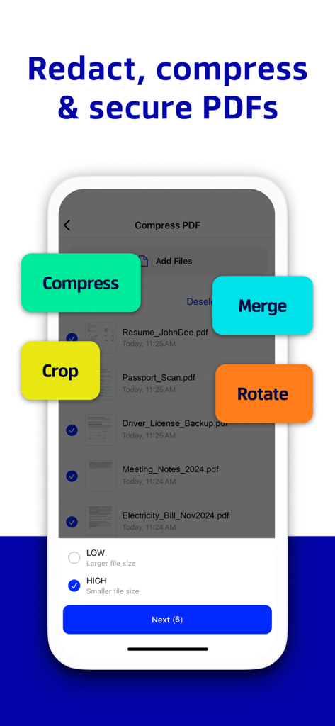 Xodo app interface showing tools to compress merge crop and rotate PDF documents