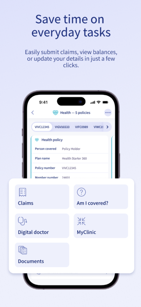 MyIrishLife mobile app interface displaying health policy details and quick links for insurance claims and documents