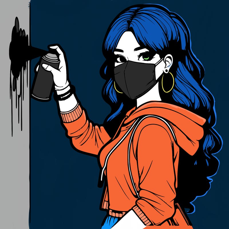 realistic girl with mask spray painting a wall