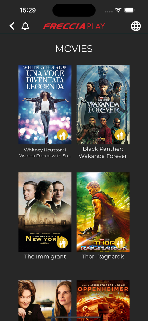 Movie selection screen in the FRECCIAPlay app featuring international film titles
