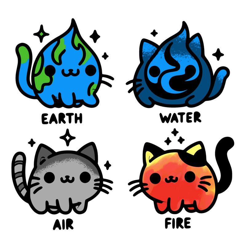 4 cats that represent the different elements, earth, water, air, and fire