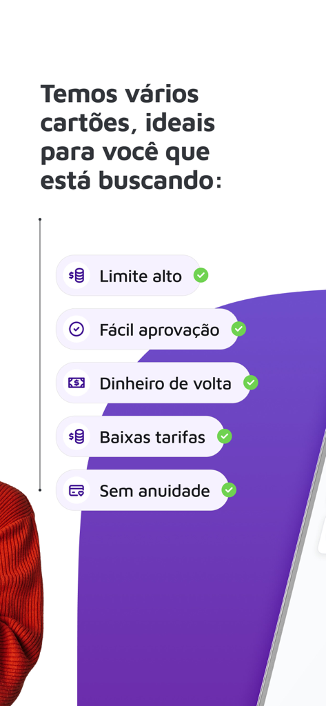 Mobile app screen showing credit card benefits like high limit and easy approval