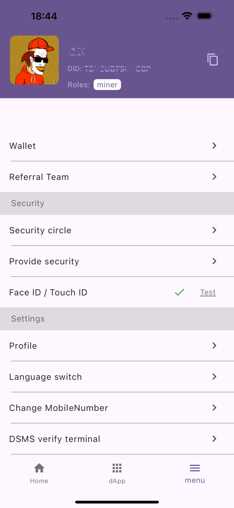 Delta kim - Delta kim app menu screen showing profile details and security settings