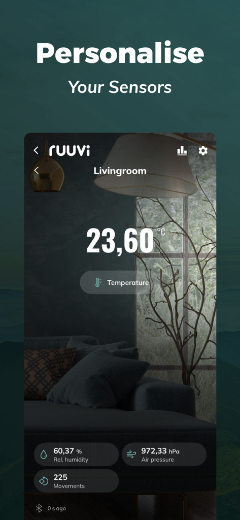 Ruuvi Station app interface showing a personalized living room dashboard with temperature humidity and air pressure data