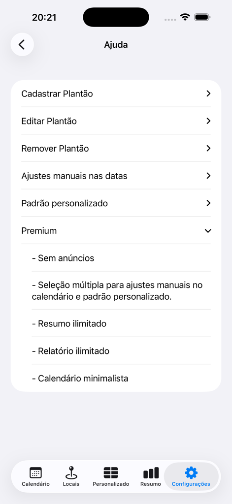 Plantão Fácil - Tela de configurações do aplicativo Plantão Fácil mostrando uma lista de tópicos de ajuda e benefícios de assinatura premium.