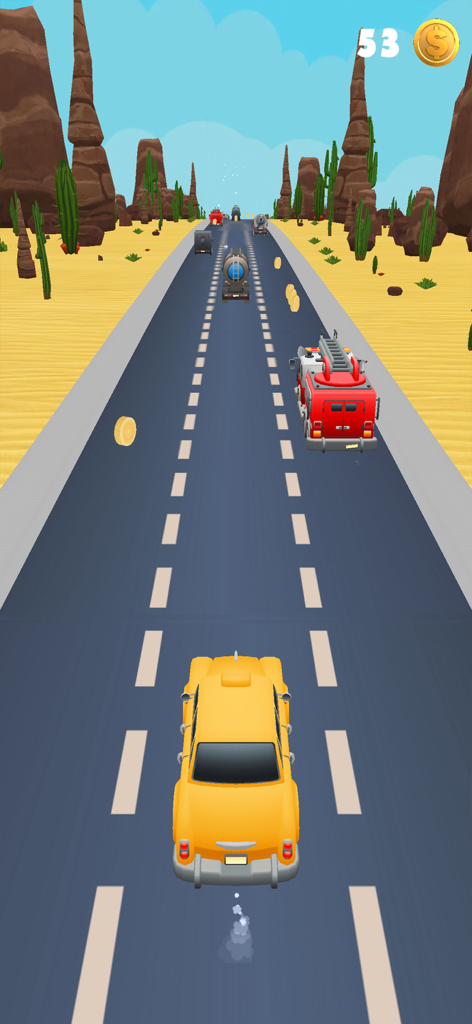 Un coche amarillo compitiendo en una autopista desértica, pasando un camión de bomberos y recogiendo monedas de oro.