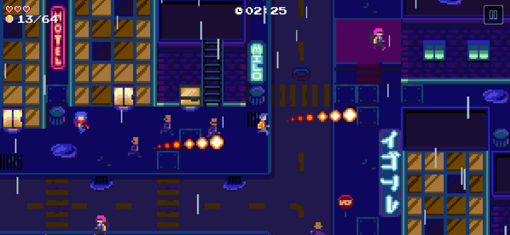 Gameplay screenshot of a custom pixel art city level in Bloxels.