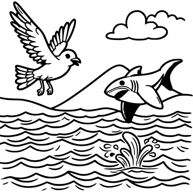 a bird flying over the sea and a shark jumping out the sea