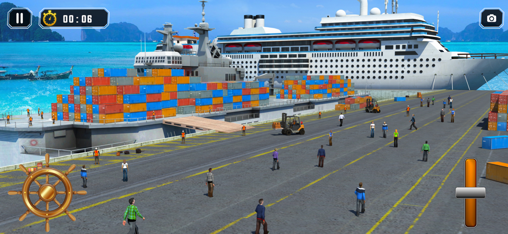 Ship Simulator Boat Games 2024 - Ship simulator gameplay showing a cruise ship and cargo vessel docked at a busy harbor with steering controls