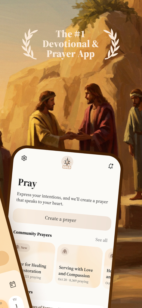 Faithy: Devotional & Prayer - Faithy app interface showing the prayer generator and community prayers section with a biblical illustration backdrop