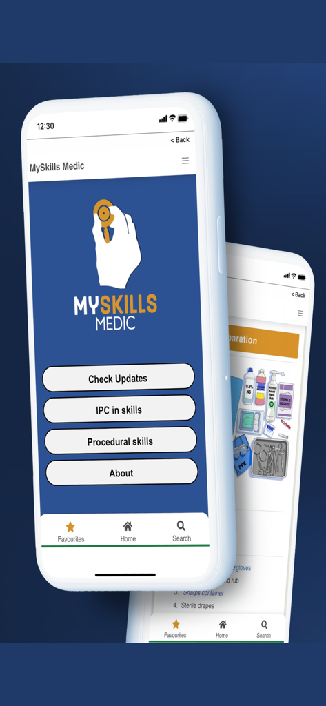 Pantalla de inicio de MySkills Medic App que muestra el menú de habilidades de procedimientos y el equipo de preparación médica.