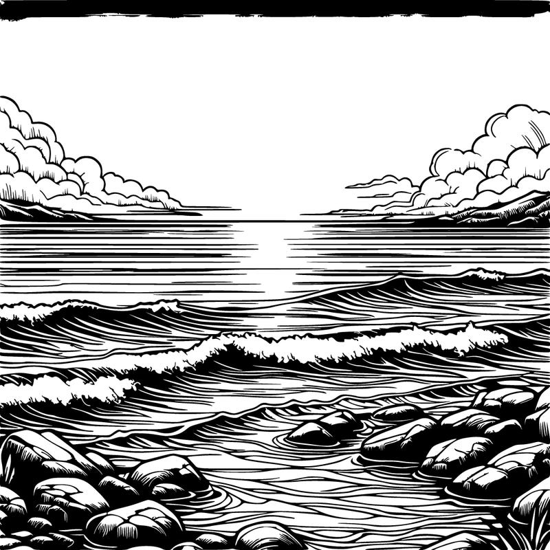 realistic landscape, sea, sunset, simple, very easy to color