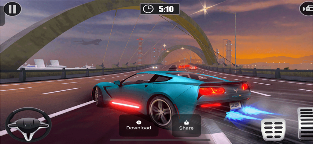 Unlimited Race Pro - A blue sports car driving on a bridge at sunset with a racing game interface and controls.