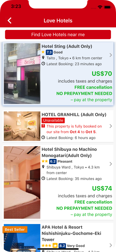 러브 호텔 앱 인터페이스에 표시된 도쿄 성인 전용 호텔 목록, 가격 및 평점 포함.