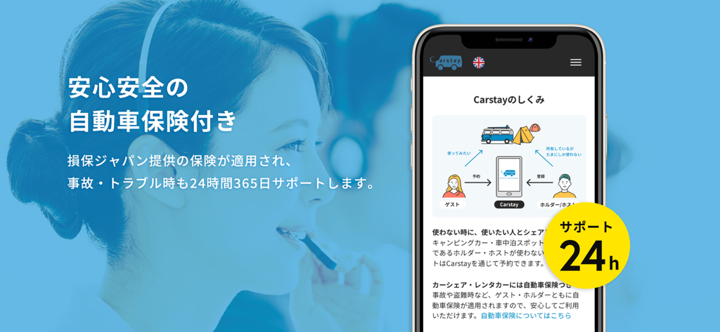 Carstay-キャンピングカー&車中泊スポット予約アプリ - Carstayアプリのインターフェース。24時間年中無休のカスタマーサポートと自動車保険の補償が表示されています。