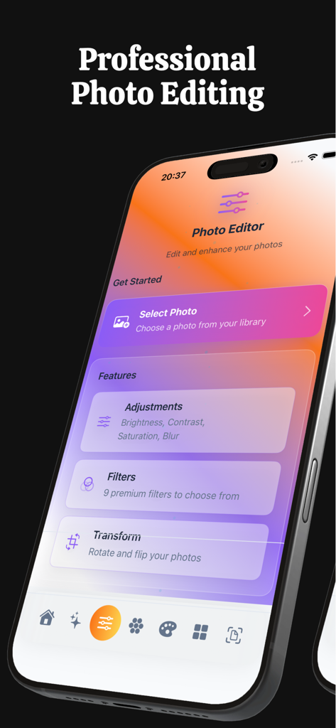 LMArena AI Creative - Smartphone screen displaying the professional photo editor interface of LMArena AI Creative with options for adjustments filters and transformations
