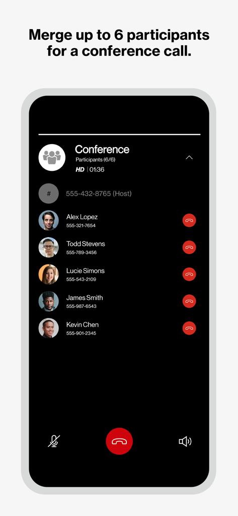 Verizon One Talk - Verizon One Talk app interface showing a conference call with six participants