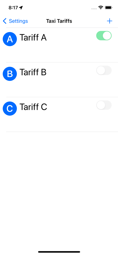 TAXImet - Taximeter - A menu screen for configuring different taxi fare tariffs