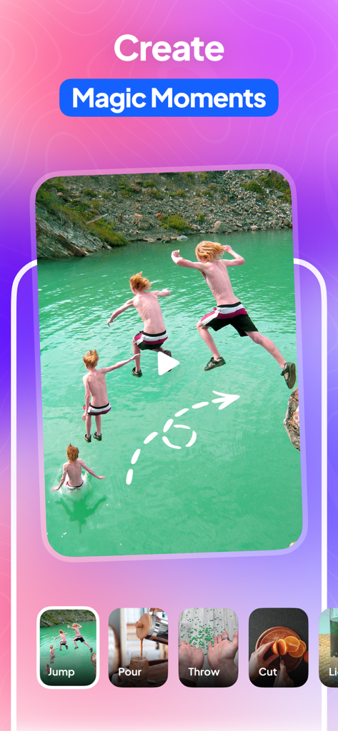 Un écran d'application mobile montrant une personne sautant dans de l'eau turquoise avec un effet de chemin de mouvement inversé et le texte Créez des moments magiques.