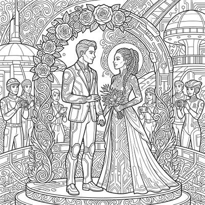 Step into a breathtaking future where love transcends time with this unique wedding coloring page. Witness future tourists celebrating their union amidst advanced architecture and traditional floral arches, ready for your creative touch.