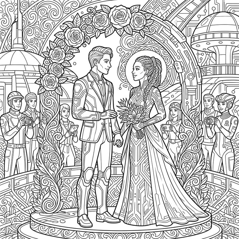 Step into a breathtaking future where love transcends time with this unique wedding coloring page. Witness future tourists celebrating their union amidst advanced architecture and traditional floral arches, ready for your creative touch.