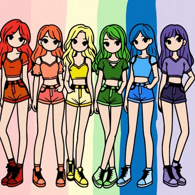 a group of girls wearing crop tops and shorts