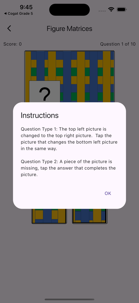 COGAT for Grade 6 - Instruction popup for the Figure Matrices section in the COGAT for Grade 6 app