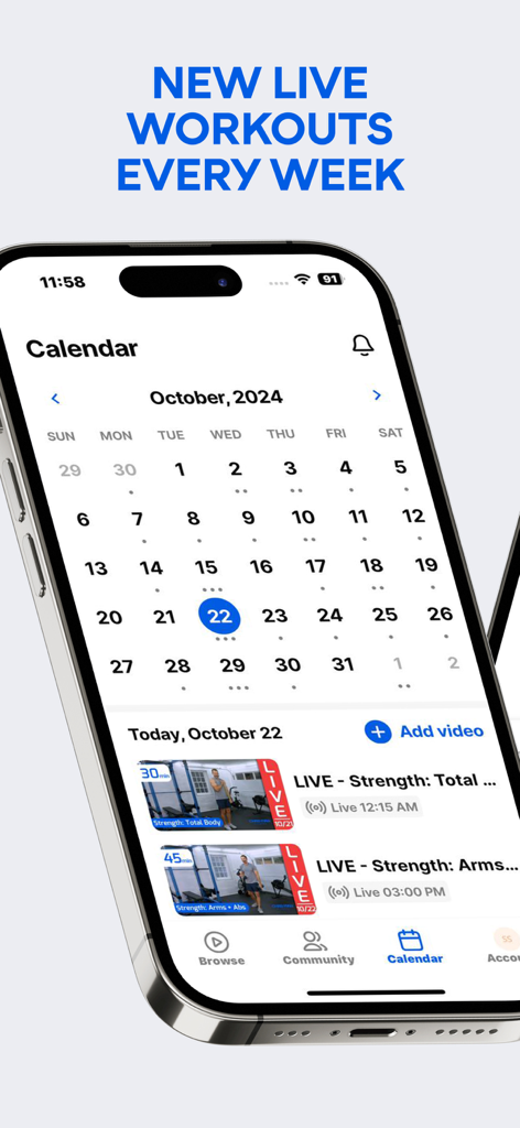 Chris Ryan Fitness: Home & Gym - A smartphone screen displaying the Chris Ryan Fitness app calendar with scheduled live strength training workout sessions.