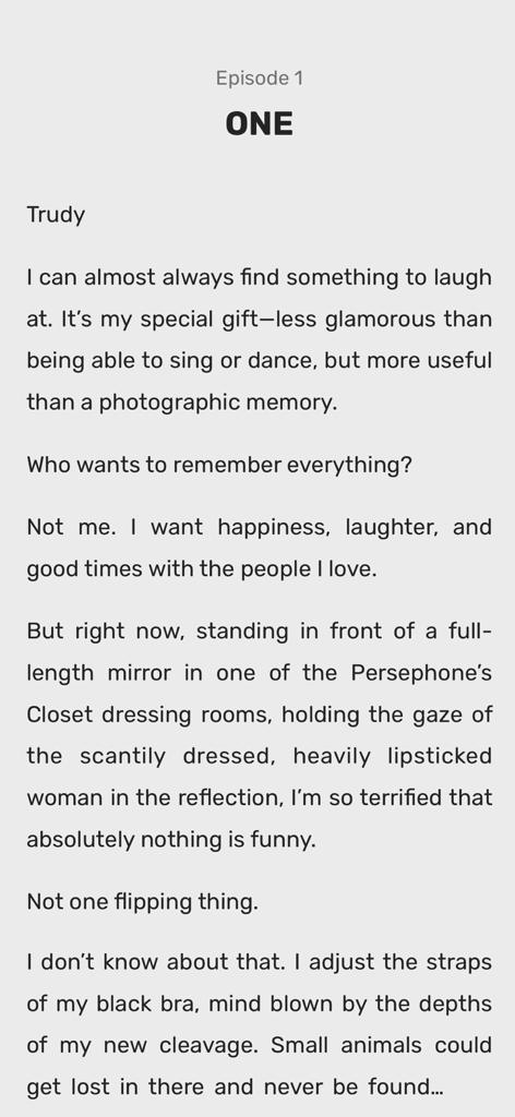 Amora: Novels & Audiobooks - A reading screen from the Amora app showing the opening text of a romance novel episode.