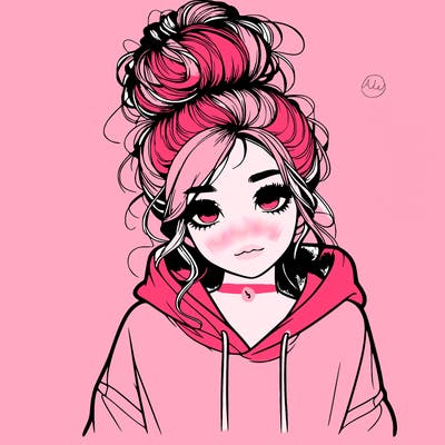 realistic girl with a massy bun and a hoodie