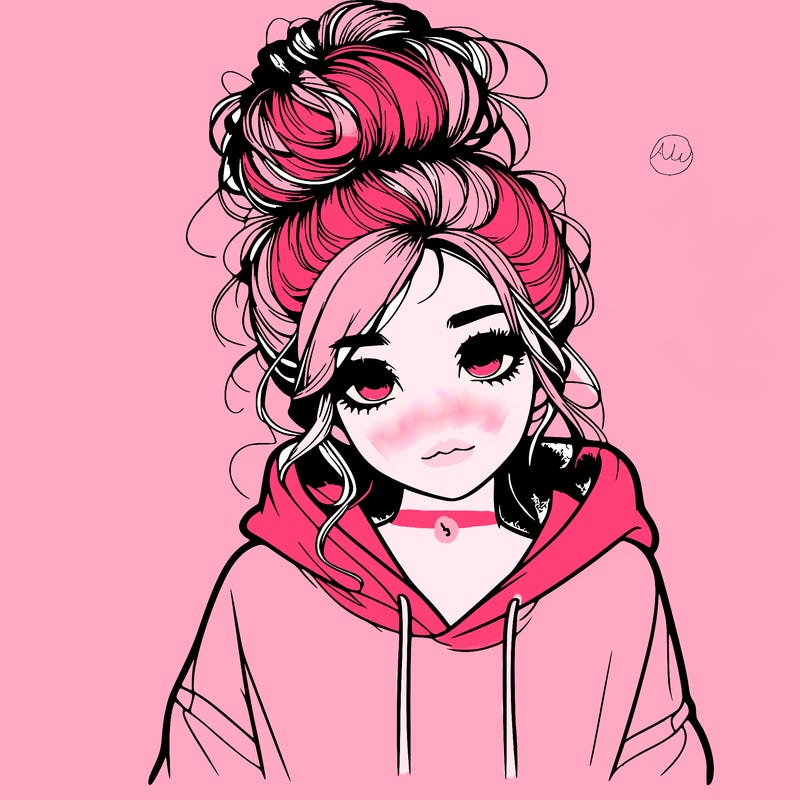 realistic girl with a massy bun and a hoodie