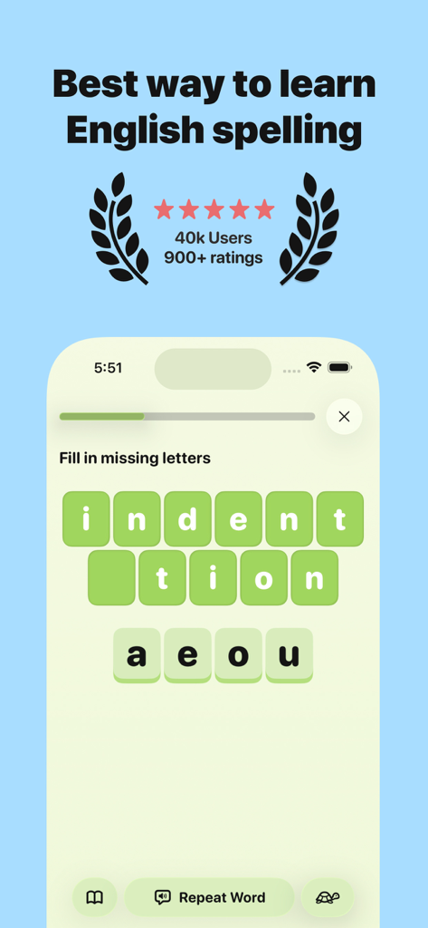 Spelling Bee - Beezy - A spelling exercise on the Spelling Bee Beezy app where a user fills in missing letters