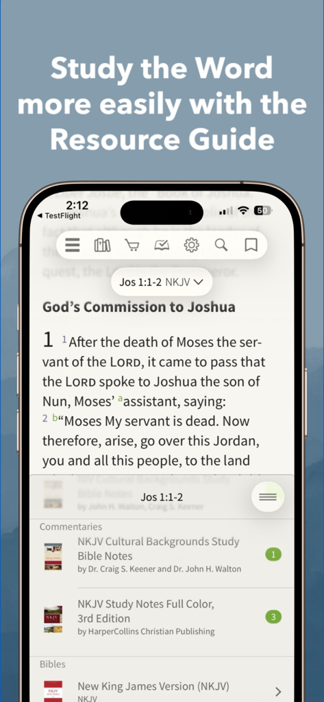 NKJV Bible app interface showing scripture text and the resource guide with various study notes and commentaries.