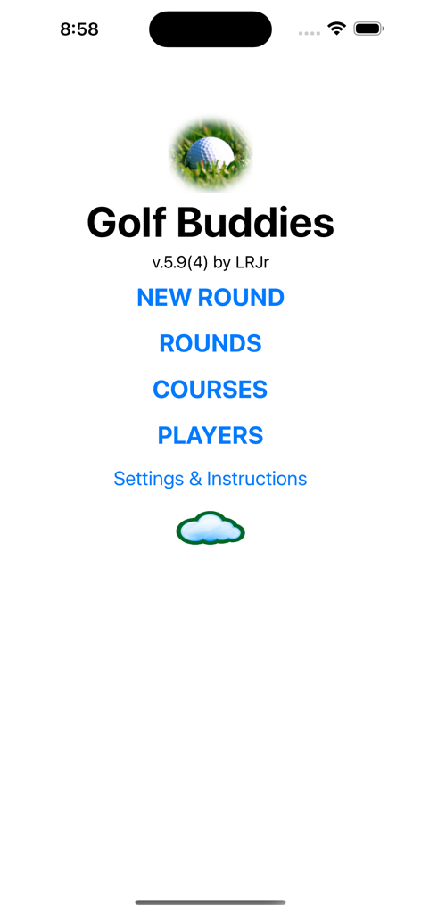 Menú principal de la aplicación Golf Buddies con opciones para Nueva Ronda, Rondas, Campos y Jugadores.