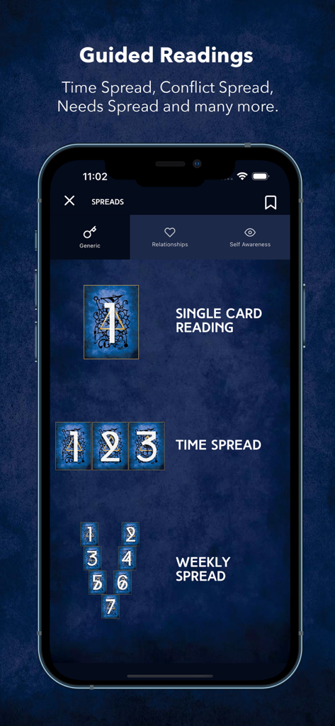Blind Spot Oracle Cards - Interface of the Blind Spot Oracle Cards app showing guided reading options like single card time spread and weekly spread