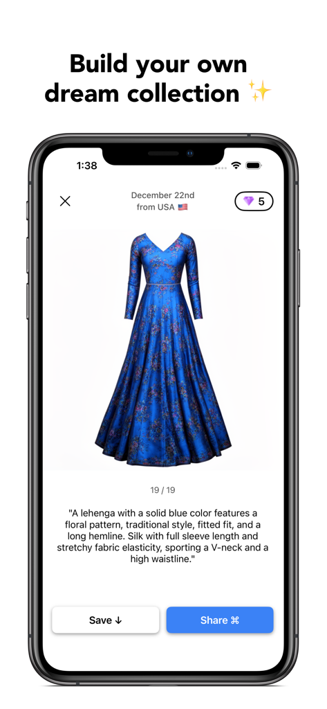 AI Outfit Generator Stylix - A mobile screen showing a 3D AI generated blue floral lehenga with its text prompt description and options to save or share.