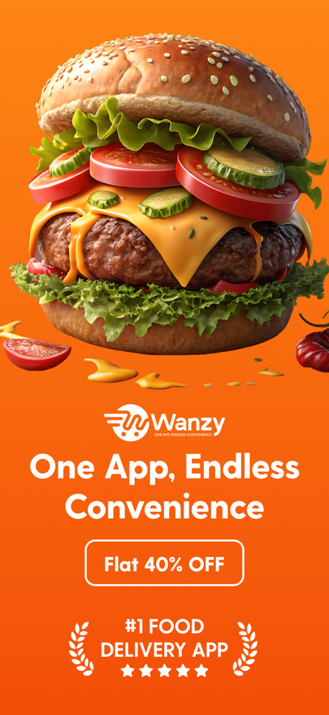 Wanzy - Wanzy food delivery app promotional screen featuring a large burger and a discount offer