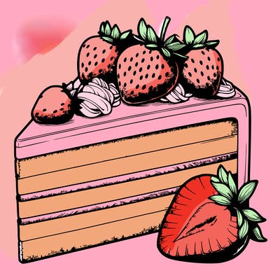 realistic cake slice with strawberries