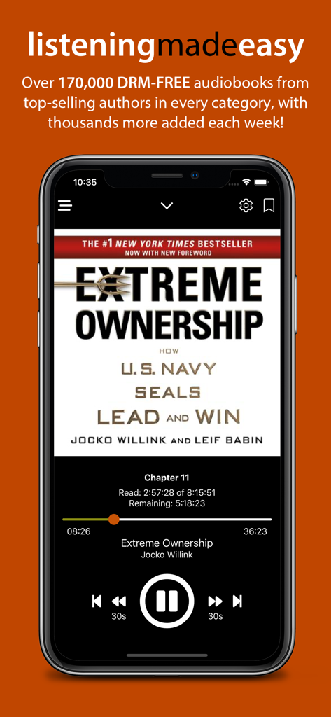 Audiobook player interface on a mobile phone displaying the book Extreme Ownership by Jocko Willink.