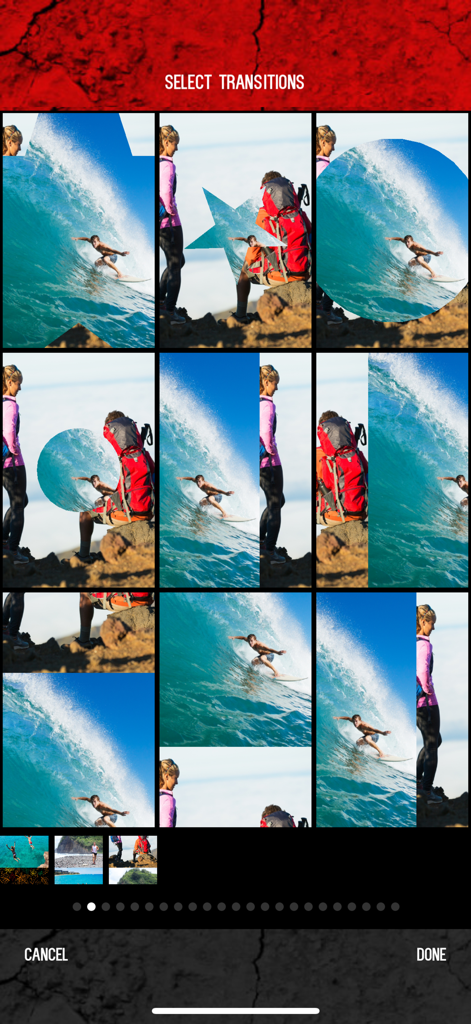 Slidezilla - Slidezilla app screen showing a selection of photo transition effects including star and circle shapes