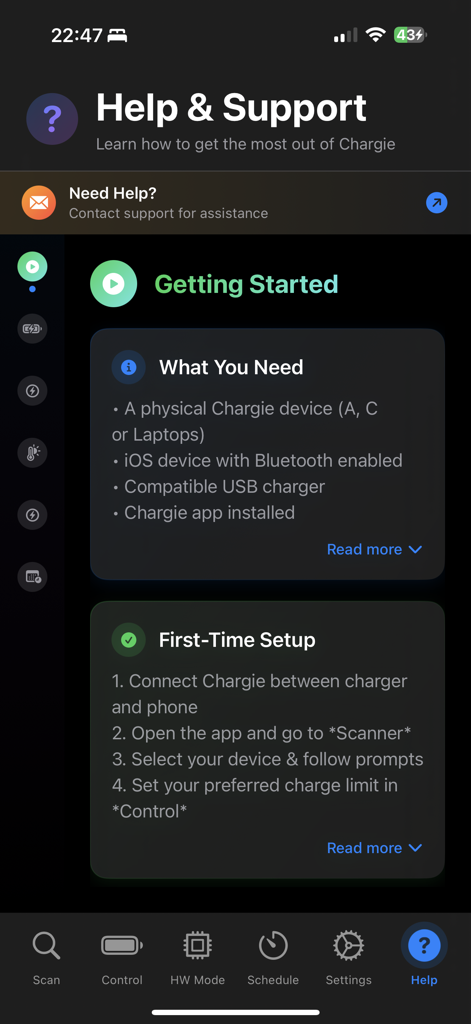 Écran d'aide et de support de l'application Chargie montrant les exigences de démarrage et les instructions de configuration pour la première utilisation.