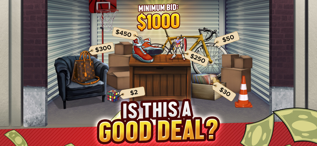 Bid Wars: Storage Auction Game - A storage unit filled with valuable items and price tags during an auction bidding scene