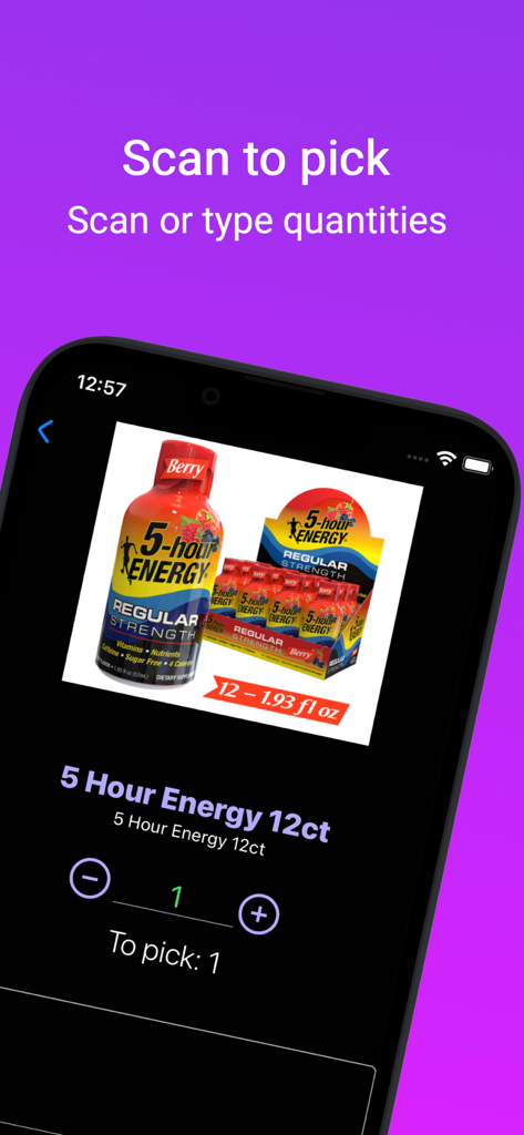 inSitu Inventory - Mobile App-Bildschirm, der eine Scan-to-Pick-Funktion für die Lagerbestandsverwaltung anzeigt