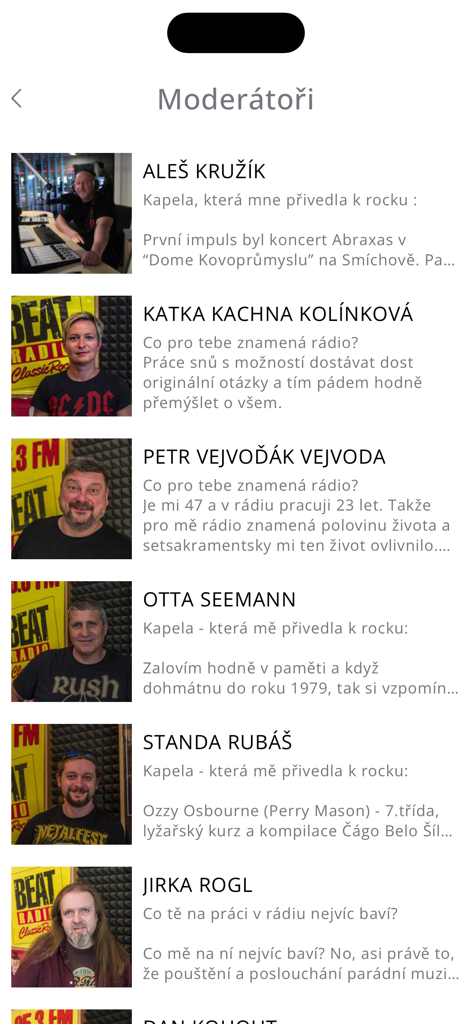 Radio Beat - Uma lista de moderadores e DJs da estação Radio Beat com suas fotos e biografias no aplicativo móvel.