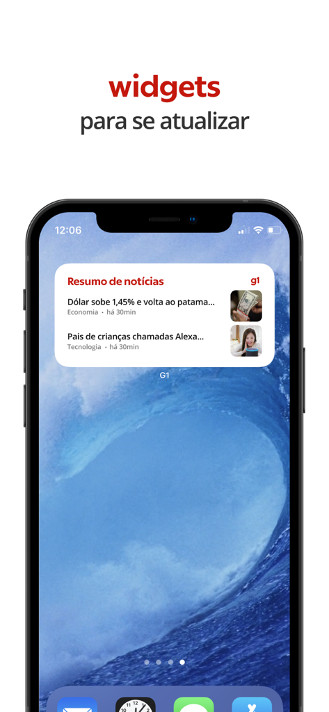 포르투갈어로 헤드라인이 표시된 G1 뉴스 위젯이 있는 스마트폰 홈 화면